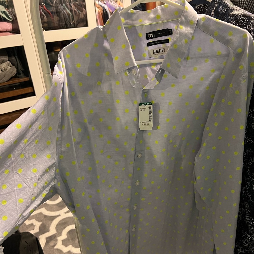 Stunning brand new shirt, blue with neon polka dots. Size 18
